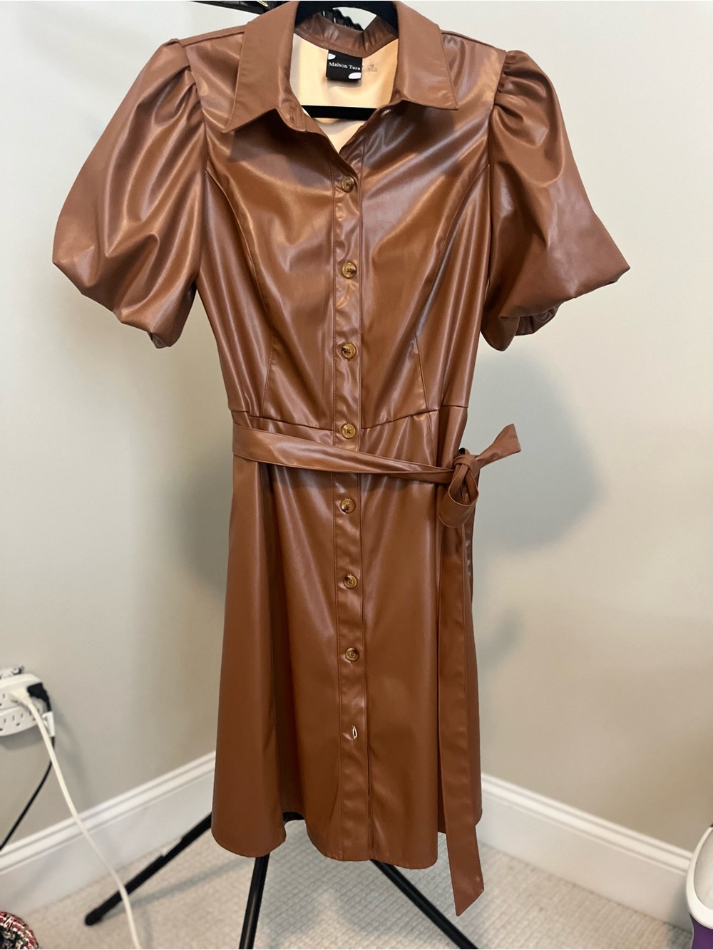 Maison Tara Cognac Faux Leather Puff-Sleeve Button-Front Mini Dress - Picture 6 of 16